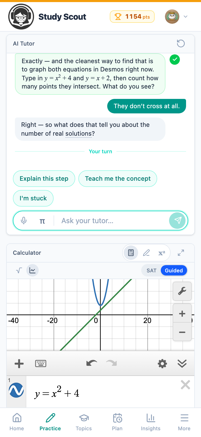 The tutor, phone, light. It asks before it tells. Here it sends the student to Desmos to see that the two graphs never cross.